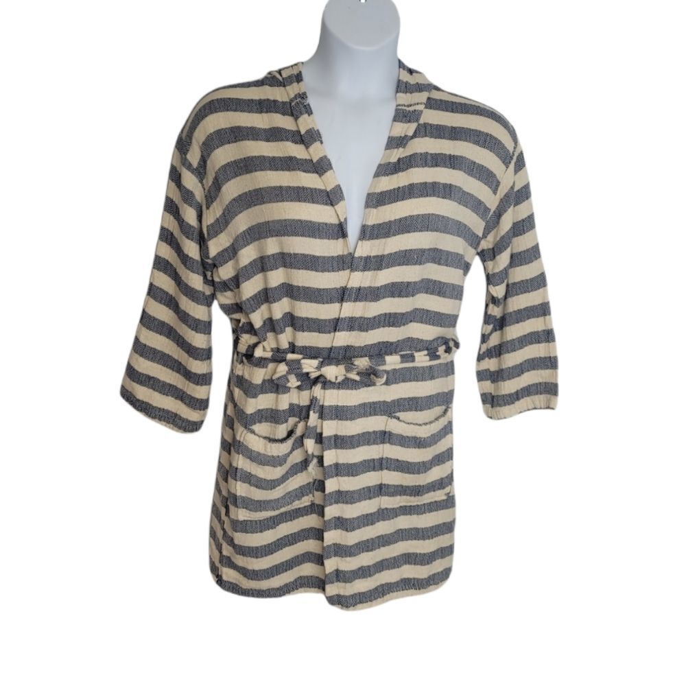 Striped robe ivory and blue woven hooded cardigan with tie belt and pockets L